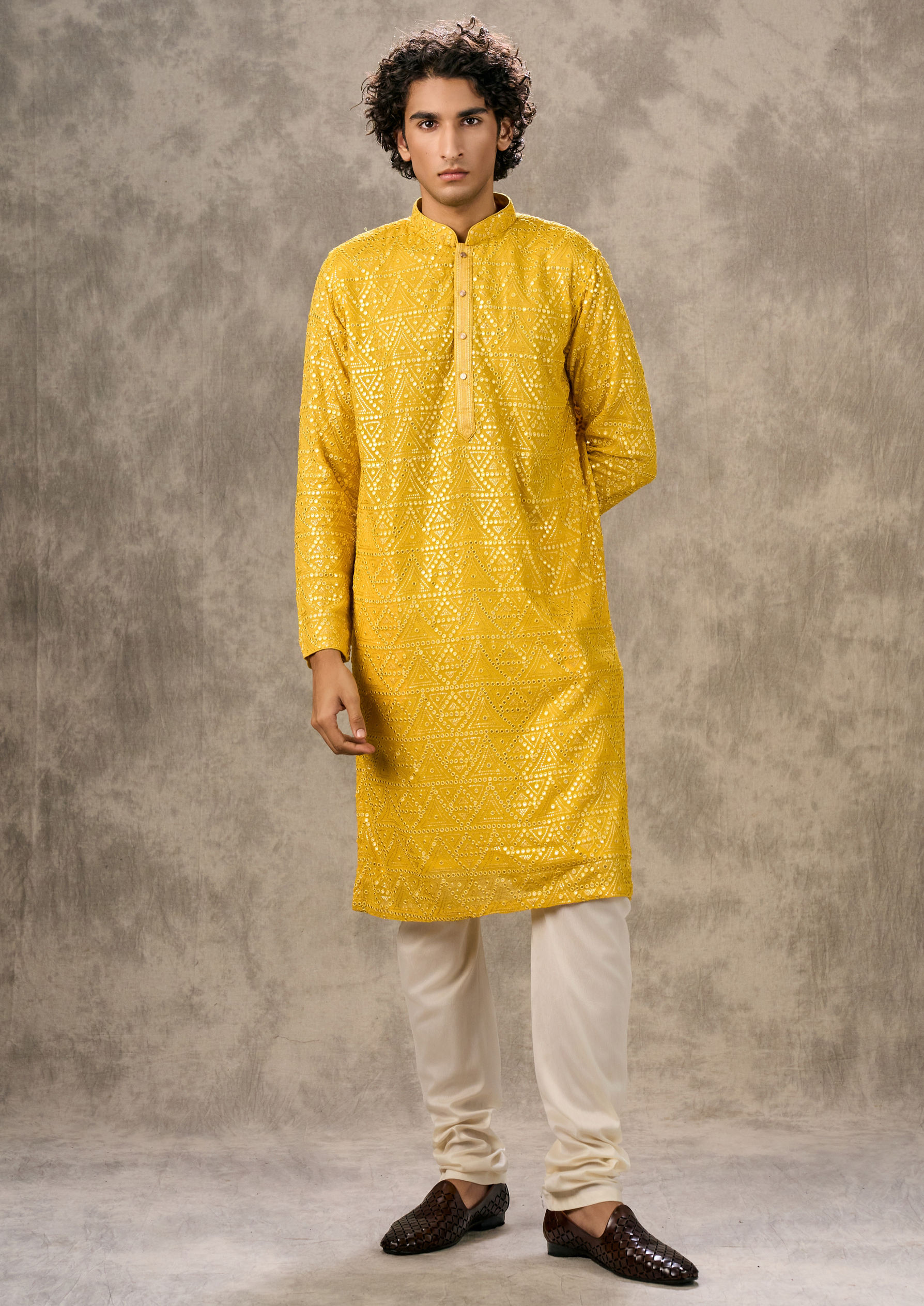 Twamev Men Sunlit Yellow Georgette Kurta Churidar