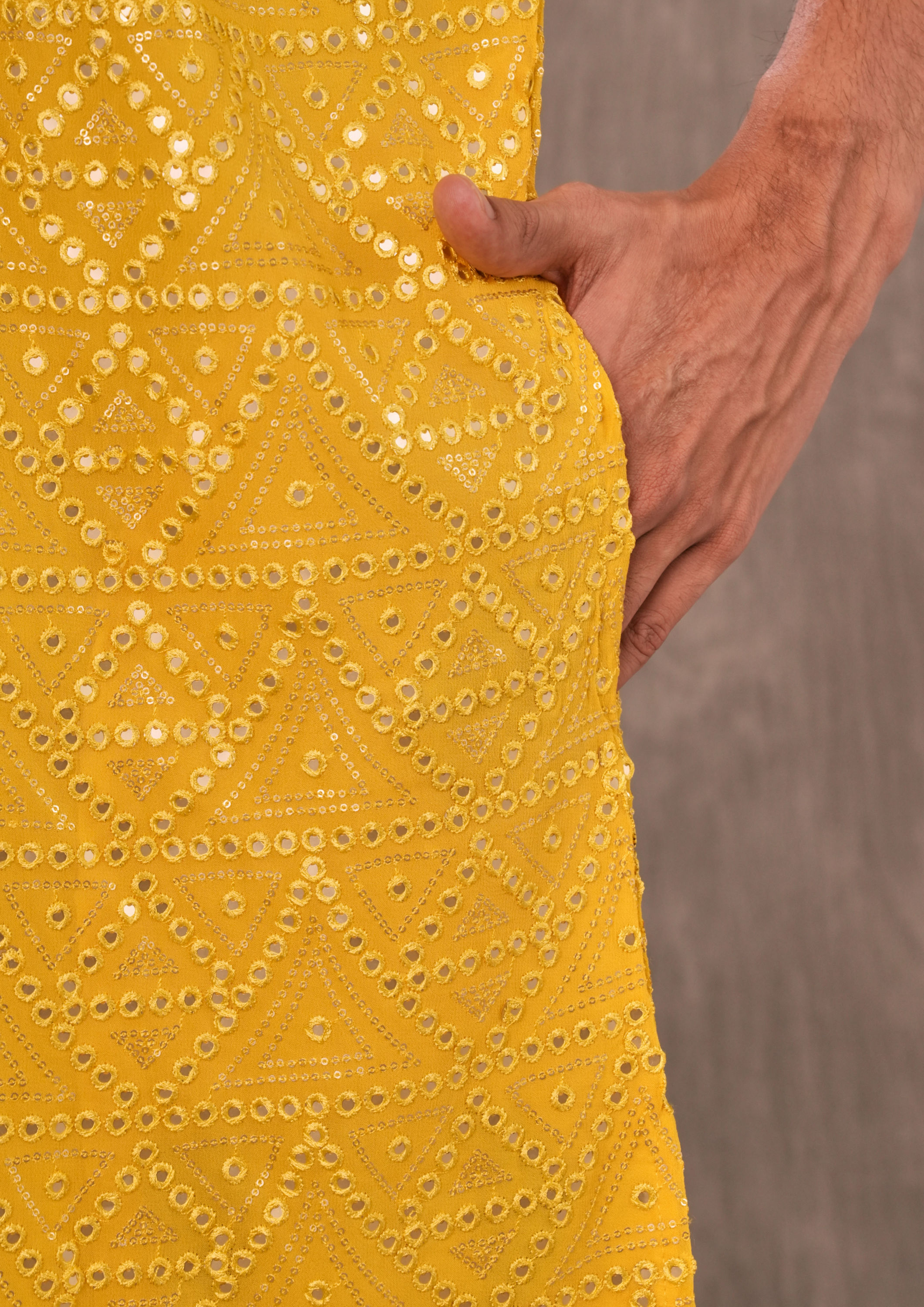 Twamev Men Sunlit Yellow Georgette Kurta Churidar