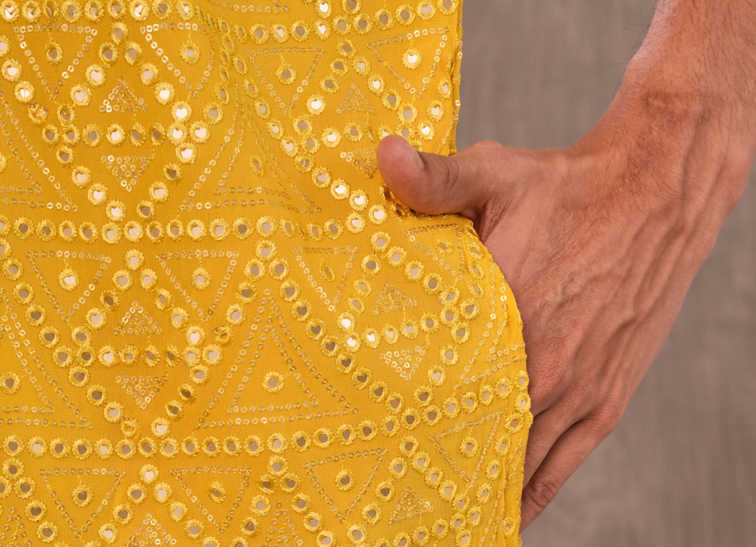 Twamev Men Yellow Georgette Mirror Work Kurta Set