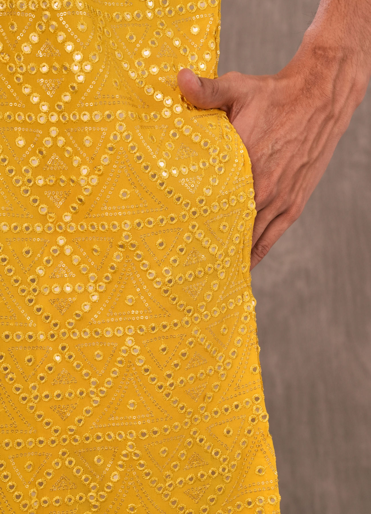 Twamev Men Yellow Georgette Mirror Work Kurta Set