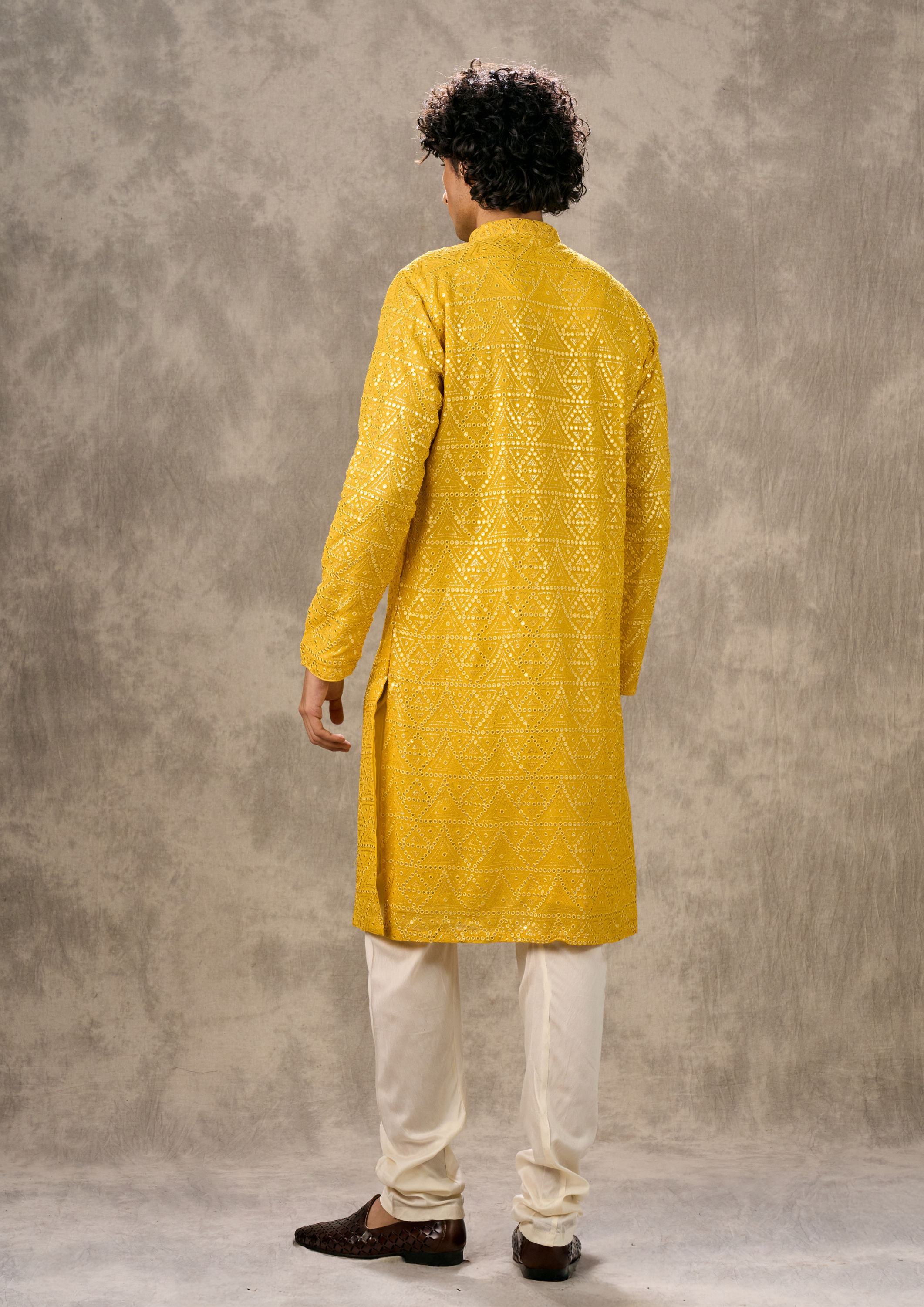 Twamev Men Sunlit Yellow Georgette Kurta Churidar