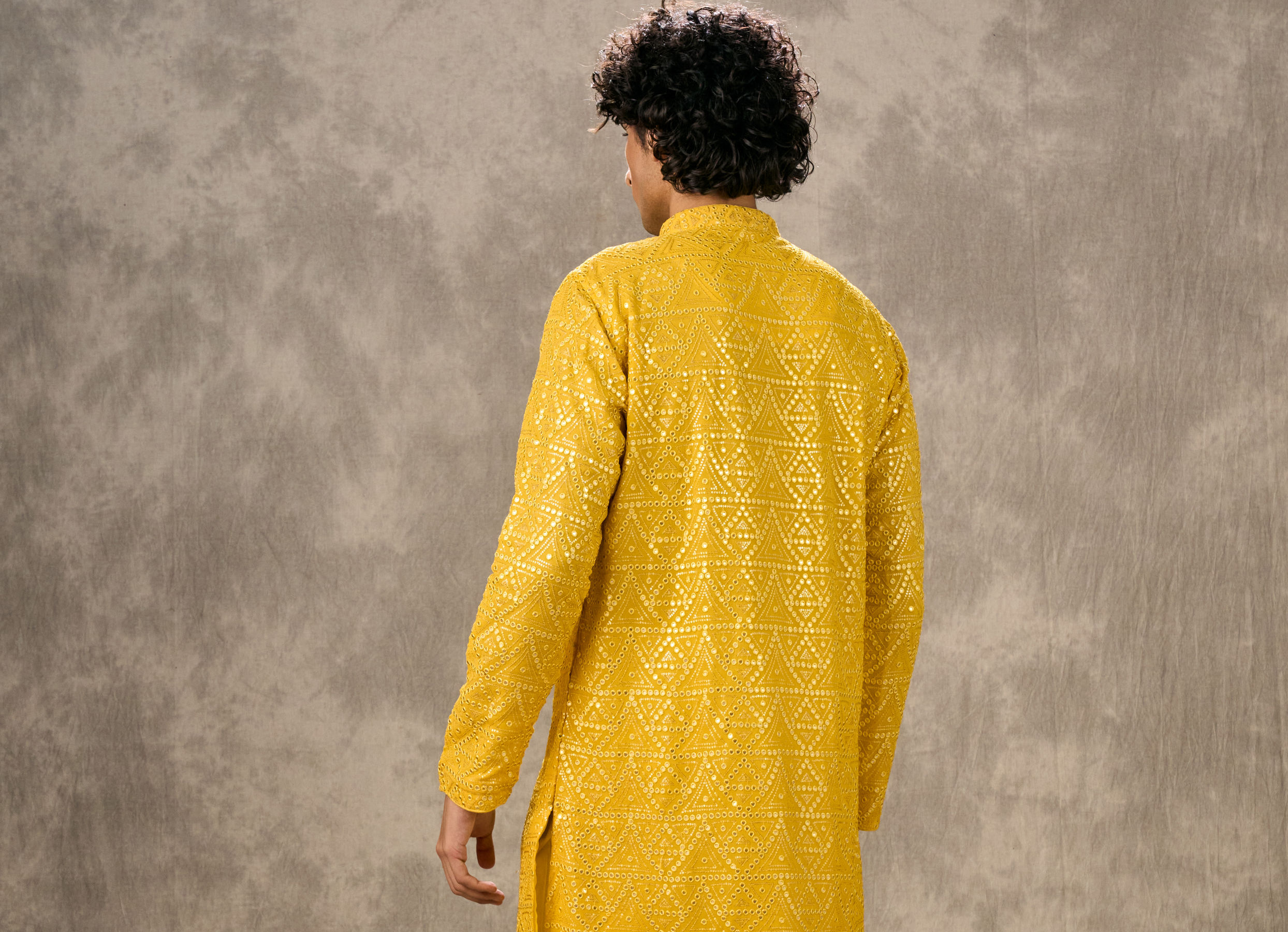 Twamev Men Yellow Georgette Mirror Work Kurta Set