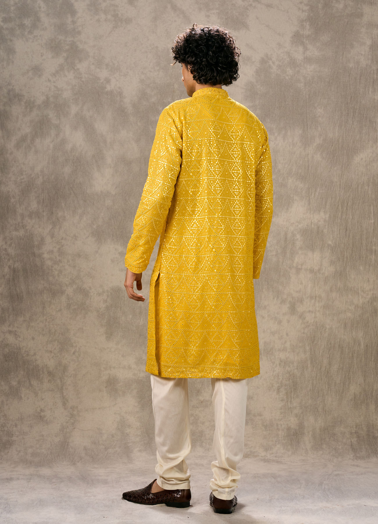 Twamev Men Yellow Georgette Mirror Work Kurta Set