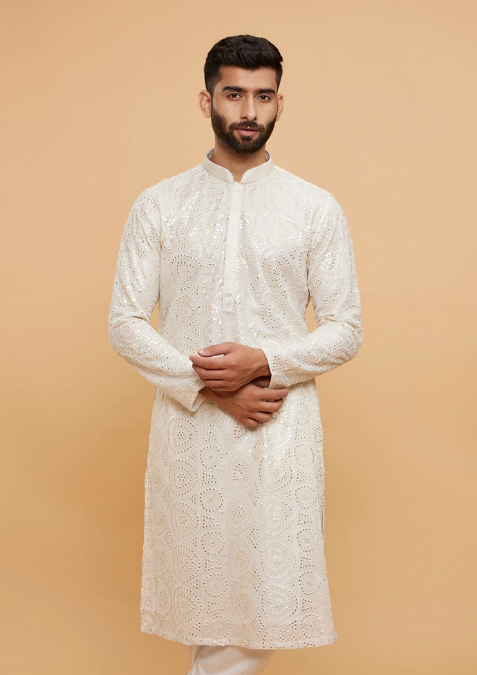 Twamev Men Ivory Cream Self Patterned Kurta Set with Mirror Work