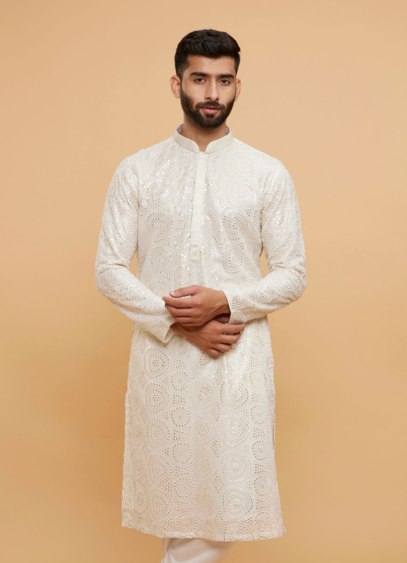 Twamev Men Ivory Cream Self Patterned Kurta Set with Mirror Work