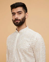 Twamev Men Ivory Cream Self Patterned Kurta Set with Mirror Work