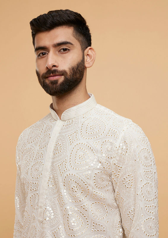 Twamev Men Ivory Cream Self Patterned Kurta Set with Mirror Work
