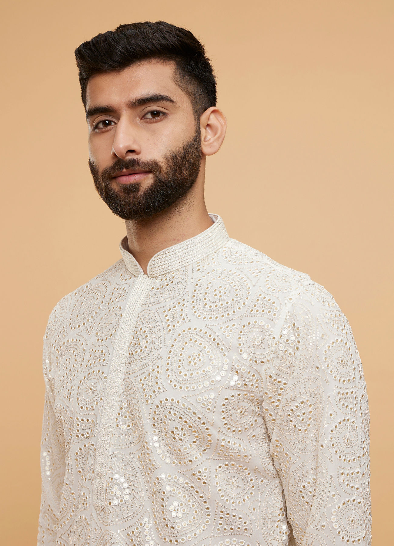 Twamev Men Ivory Cream Self Patterned Kurta Set with Mirror Work