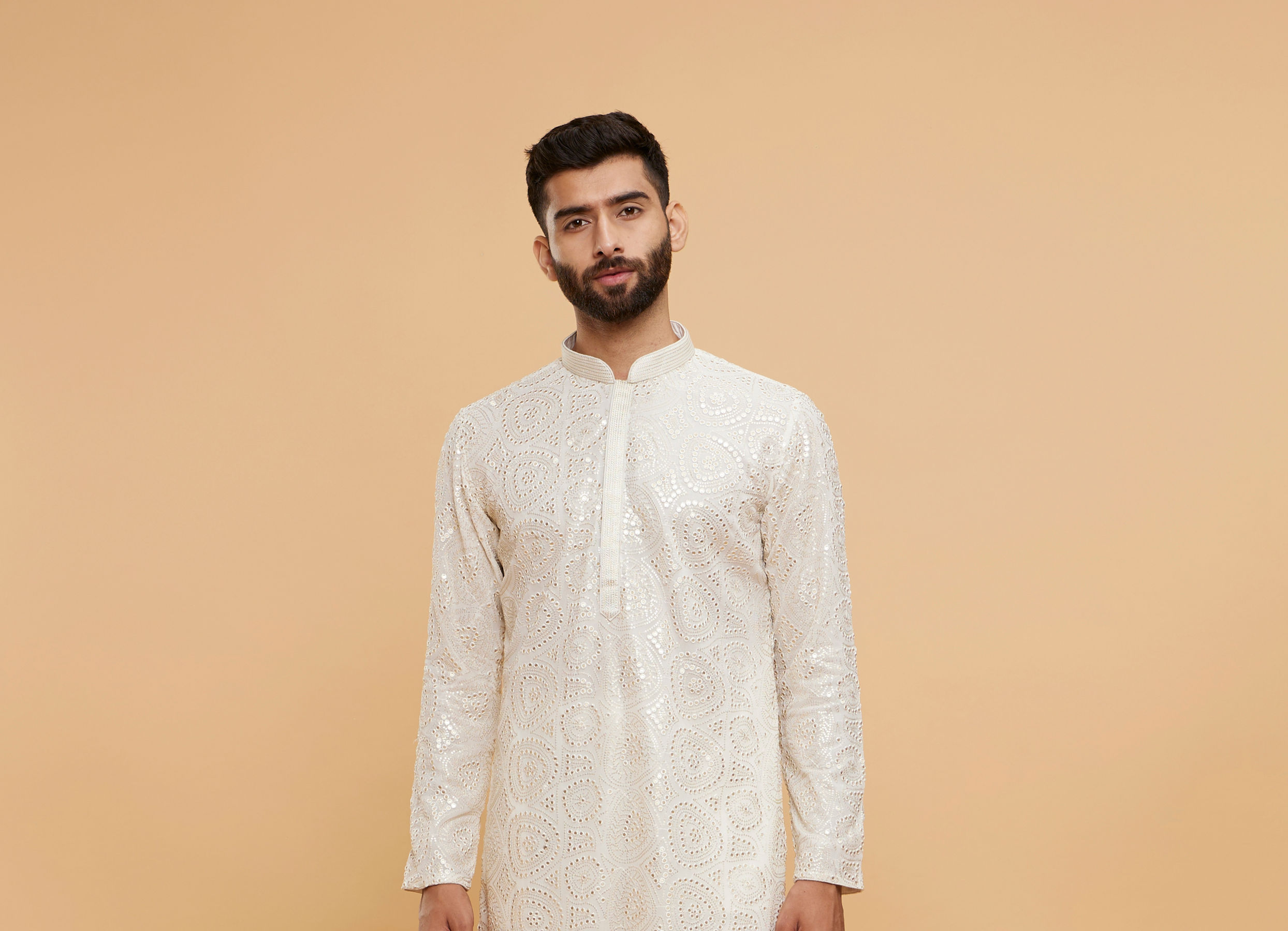 Twamev Men Ivory Cream Self Patterned Kurta Set with Mirror Work