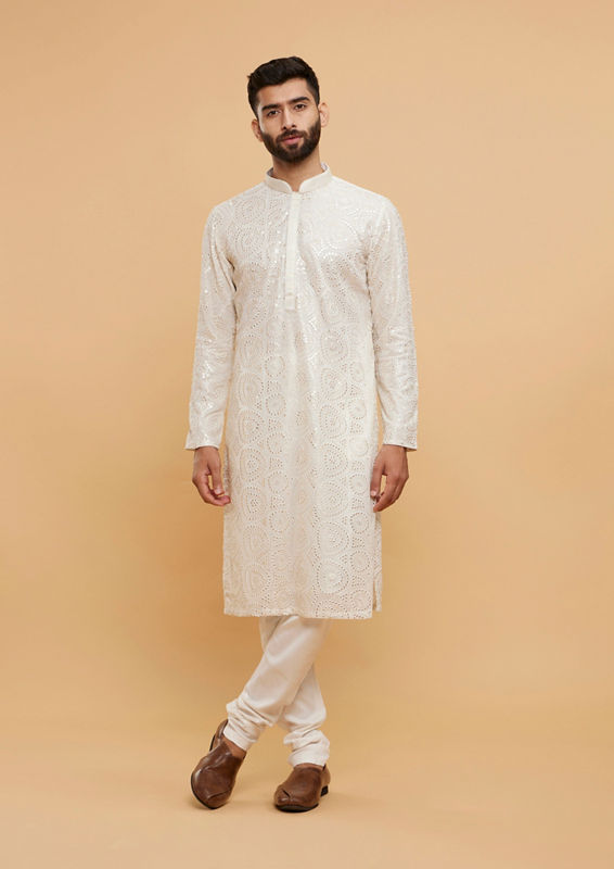 Twamev Men Ivory Cream Self Patterned Kurta Set with Mirror Work