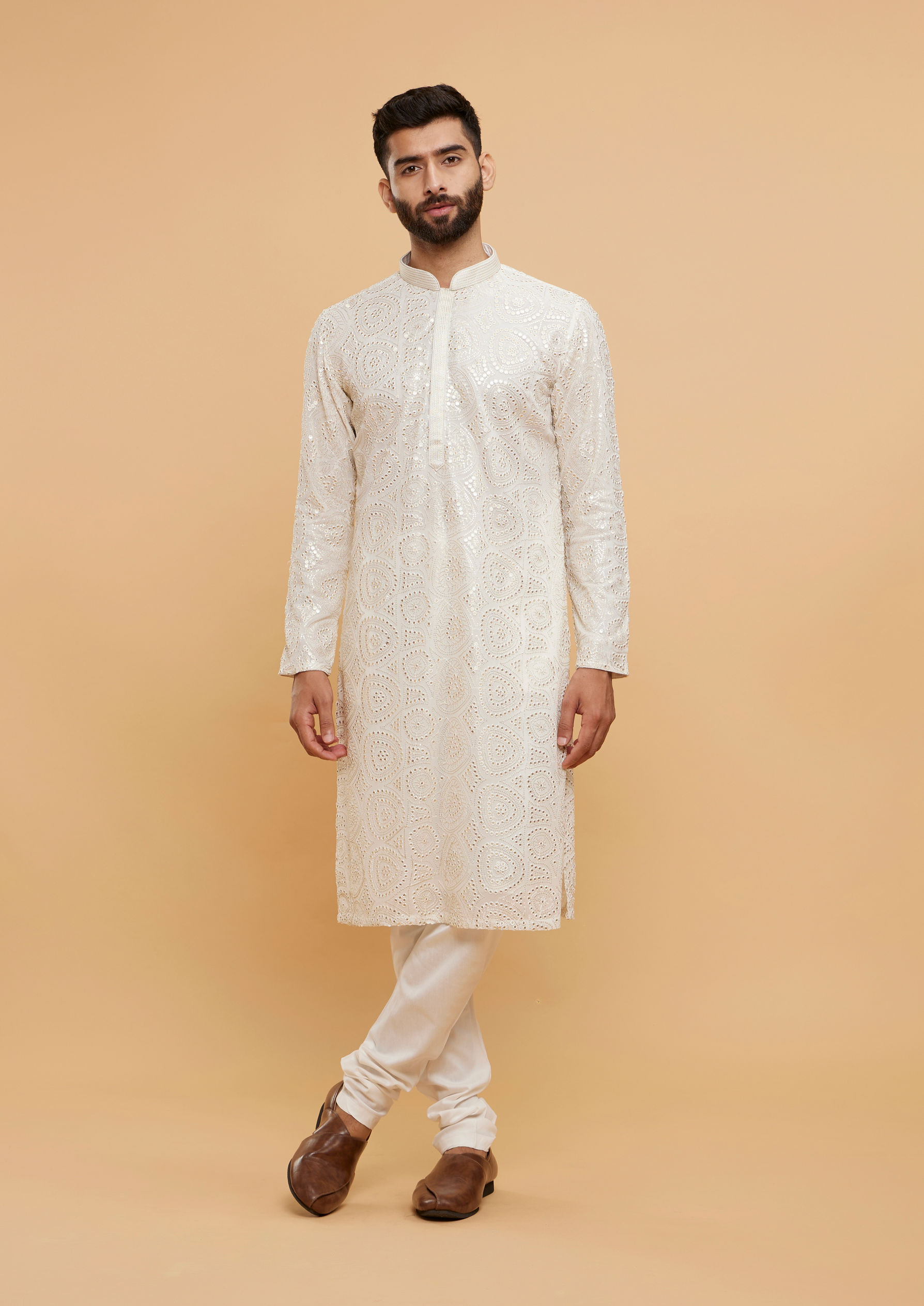 Twamev Men Ivory Cream Self Patterned Kurta Set with Mirror Work
