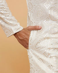 Twamev Men Ivory Cream Self Patterned Kurta Set with Mirror Work