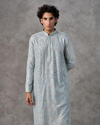 Twamev Men Ice Blue Georgette Chikankari Kurta Set