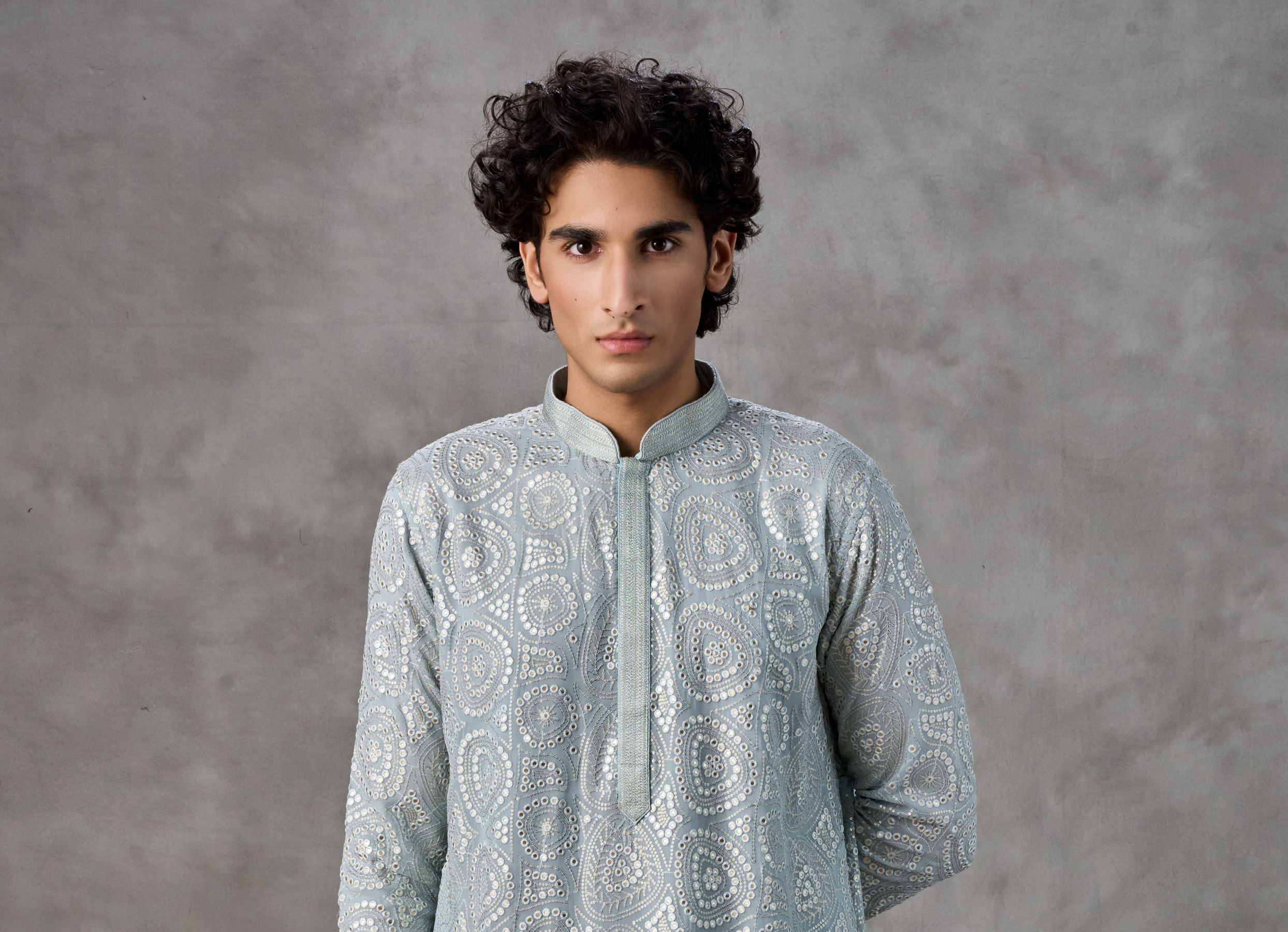 Twamev Men Ice Blue Georgette Chikankari Kurta Set