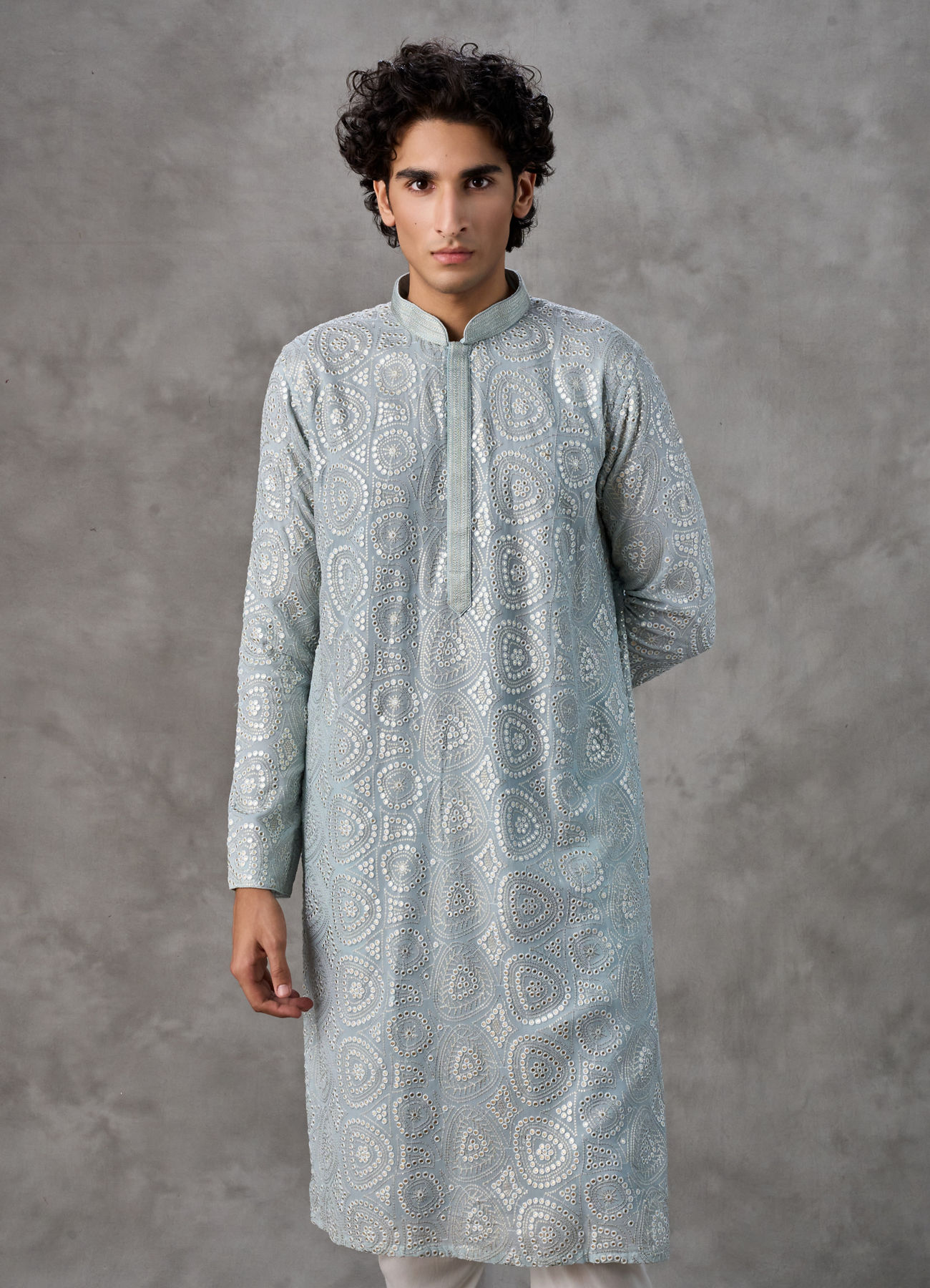 Twamev Men Ice Blue Georgette Chikankari Kurta Set