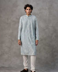 Twamev Men Ice Blue Georgette Chikankari Kurta Set