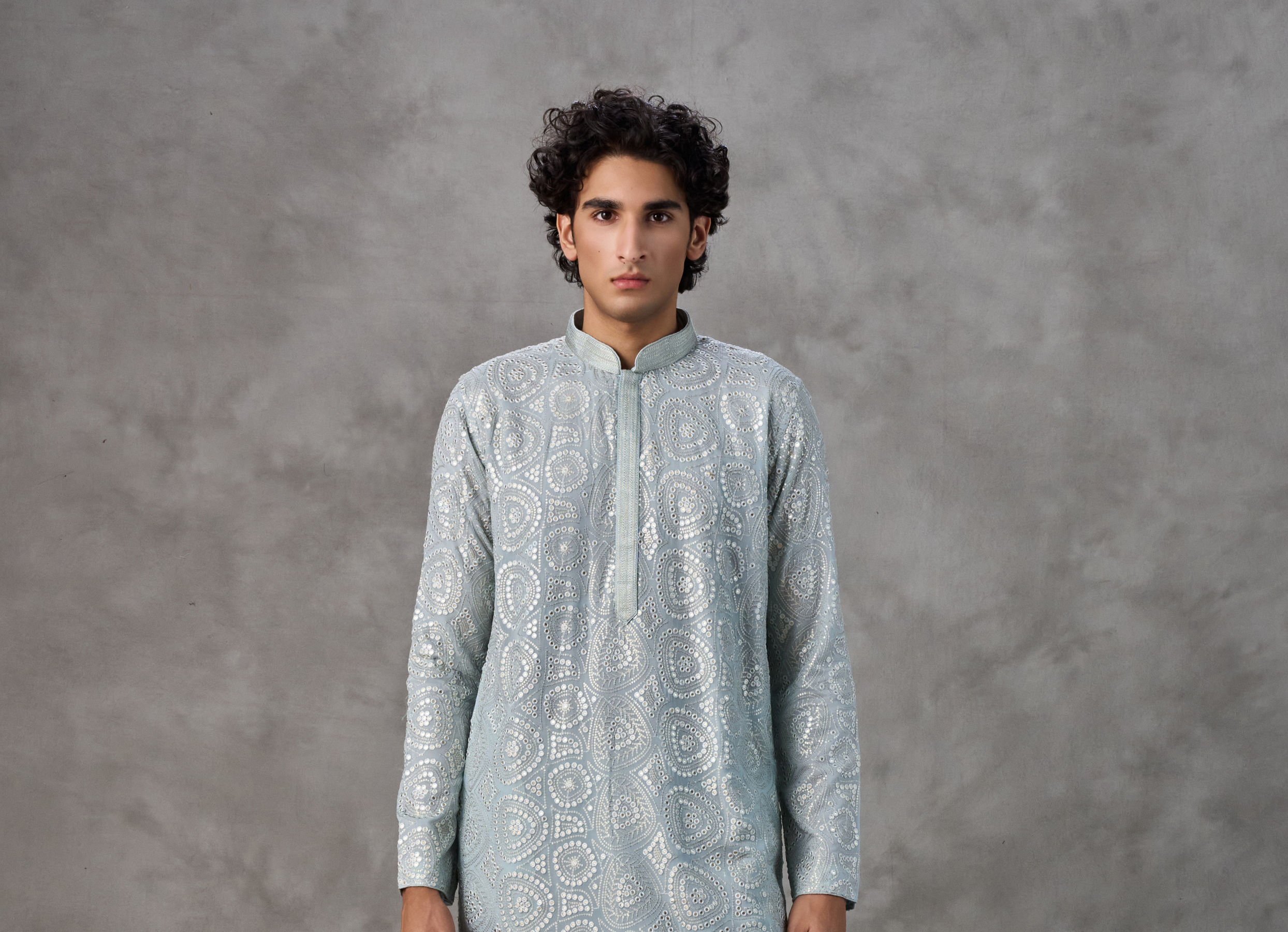 Twamev Men Ice Blue Georgette Chikankari Kurta Set