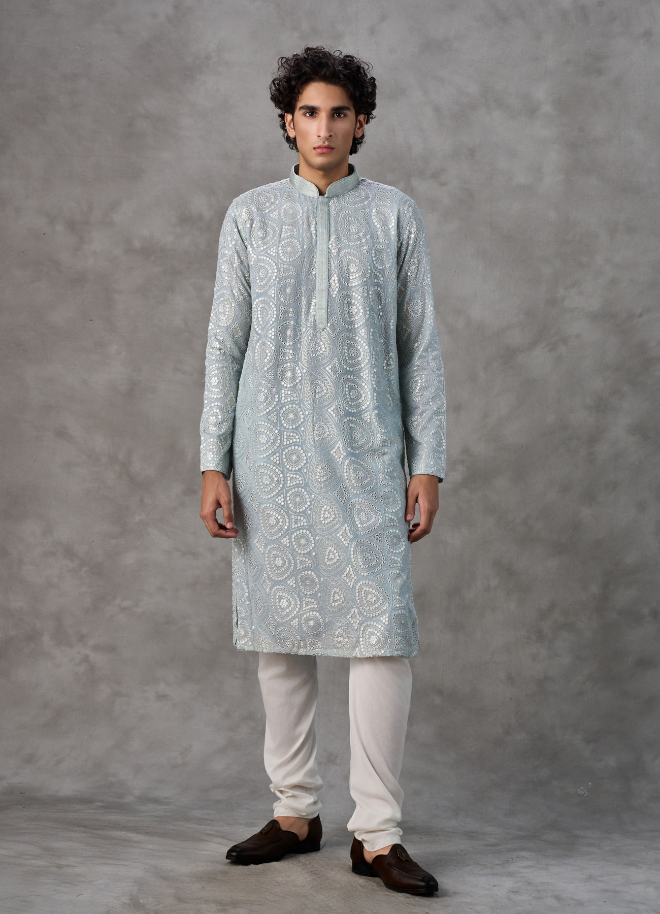 Twamev Men Ice Blue Georgette Chikankari Kurta Set