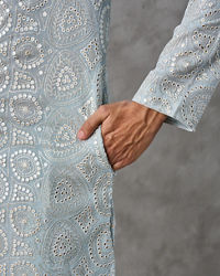 Twamev Men Ice Blue Georgette Chikankari Kurta Set