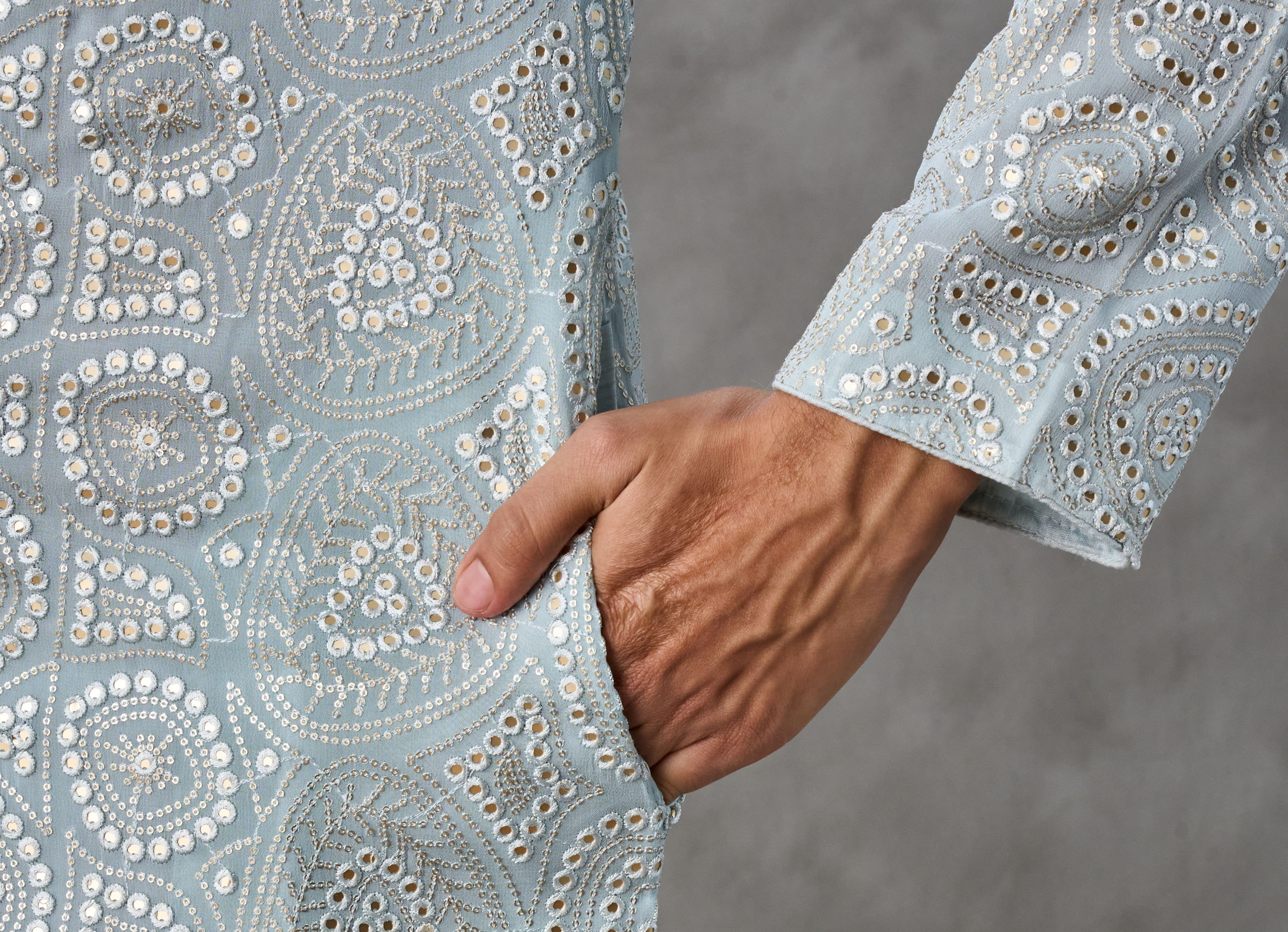 Twamev Men Ice Blue Georgette Chikankari Kurta Set