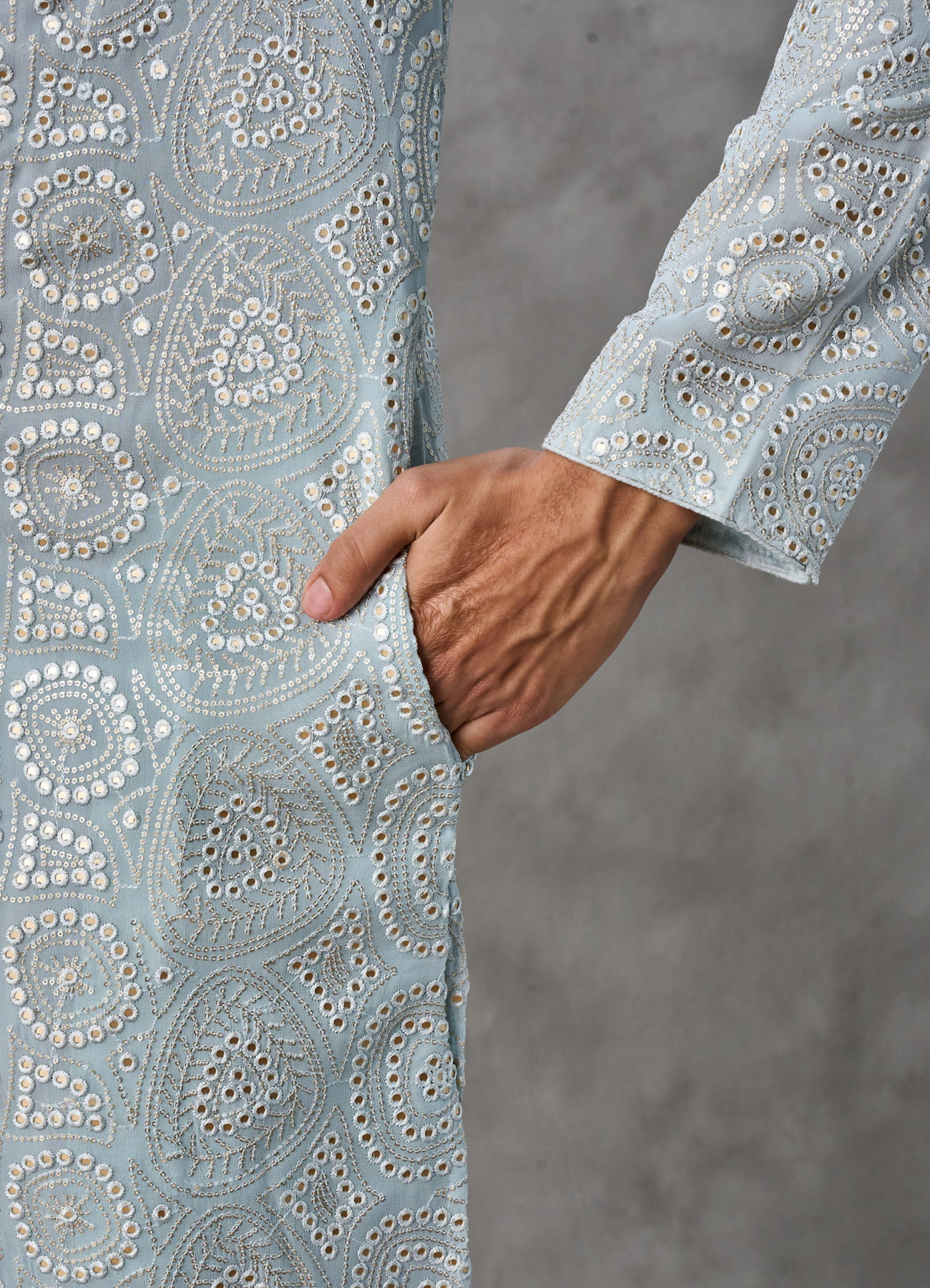 Twamev Men Ice Blue Georgette Chikankari Kurta Set