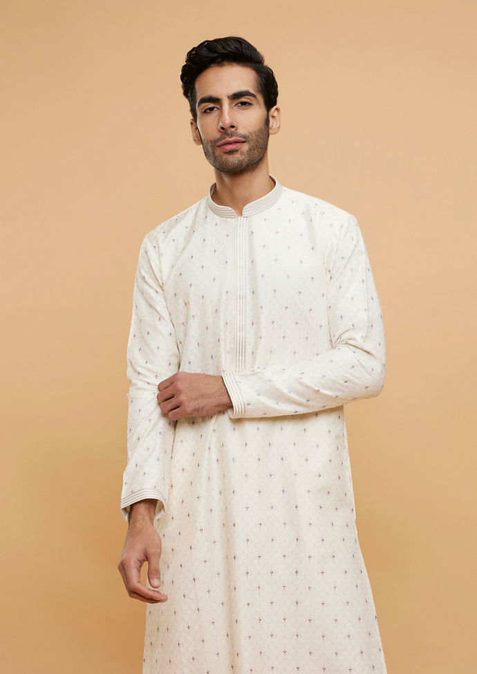 Twamev Men Warm White Buta Patterned Kurta Set