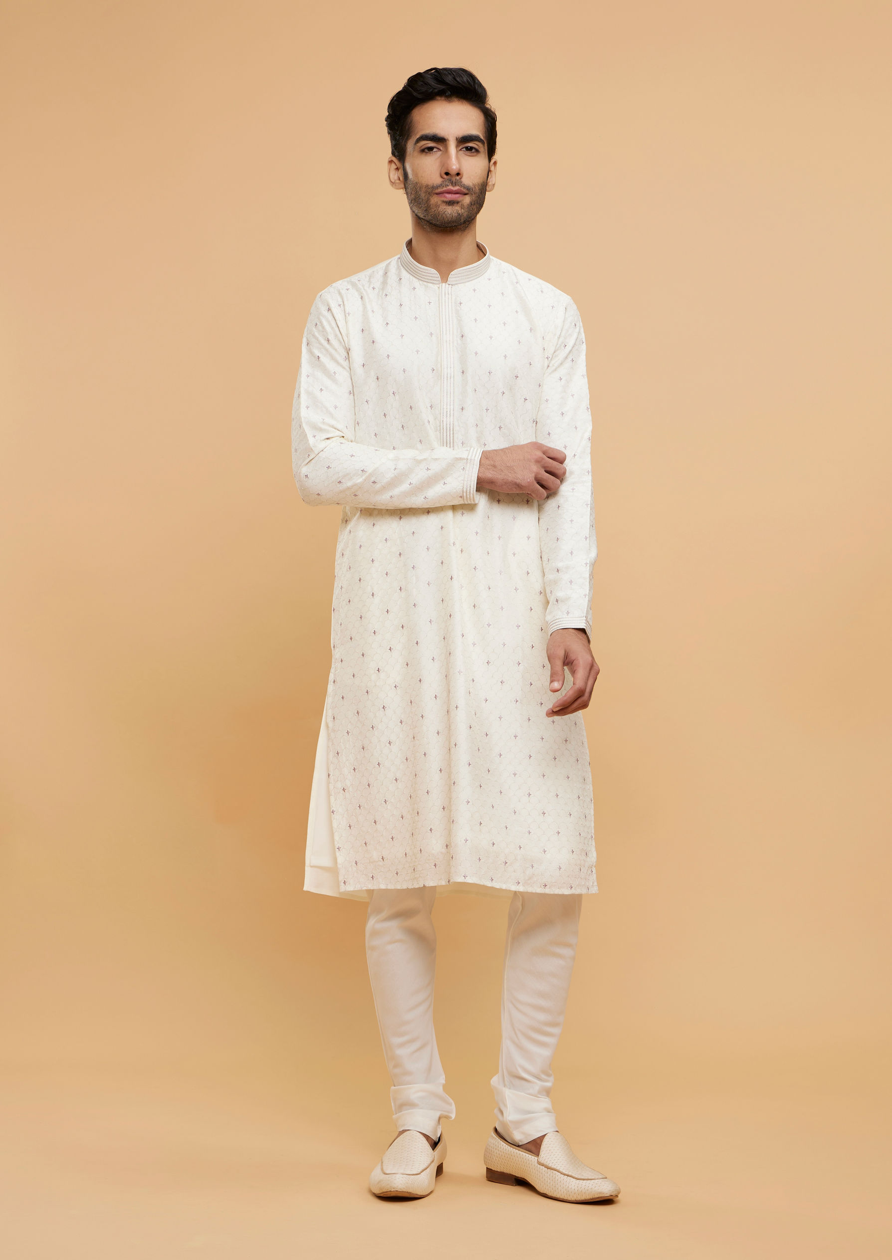 Twamev Men Warm White Buta Patterned Kurta Set