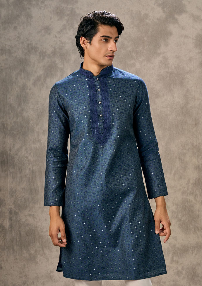 Twamev Men Dark Blue Royal Brocade Kurta Churidar