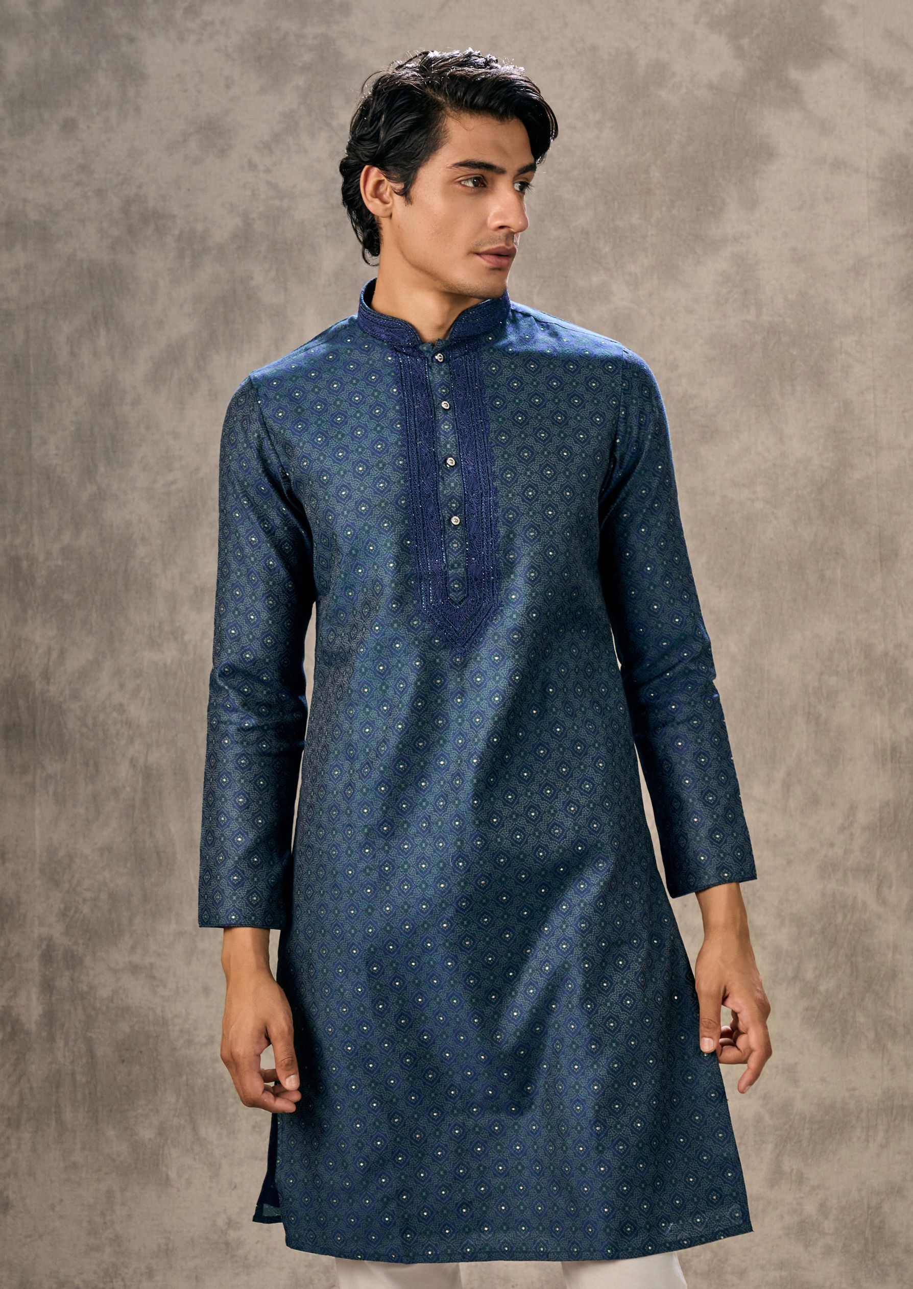 Twamev Men Dark Blue Royal Brocade Kurta Churidar