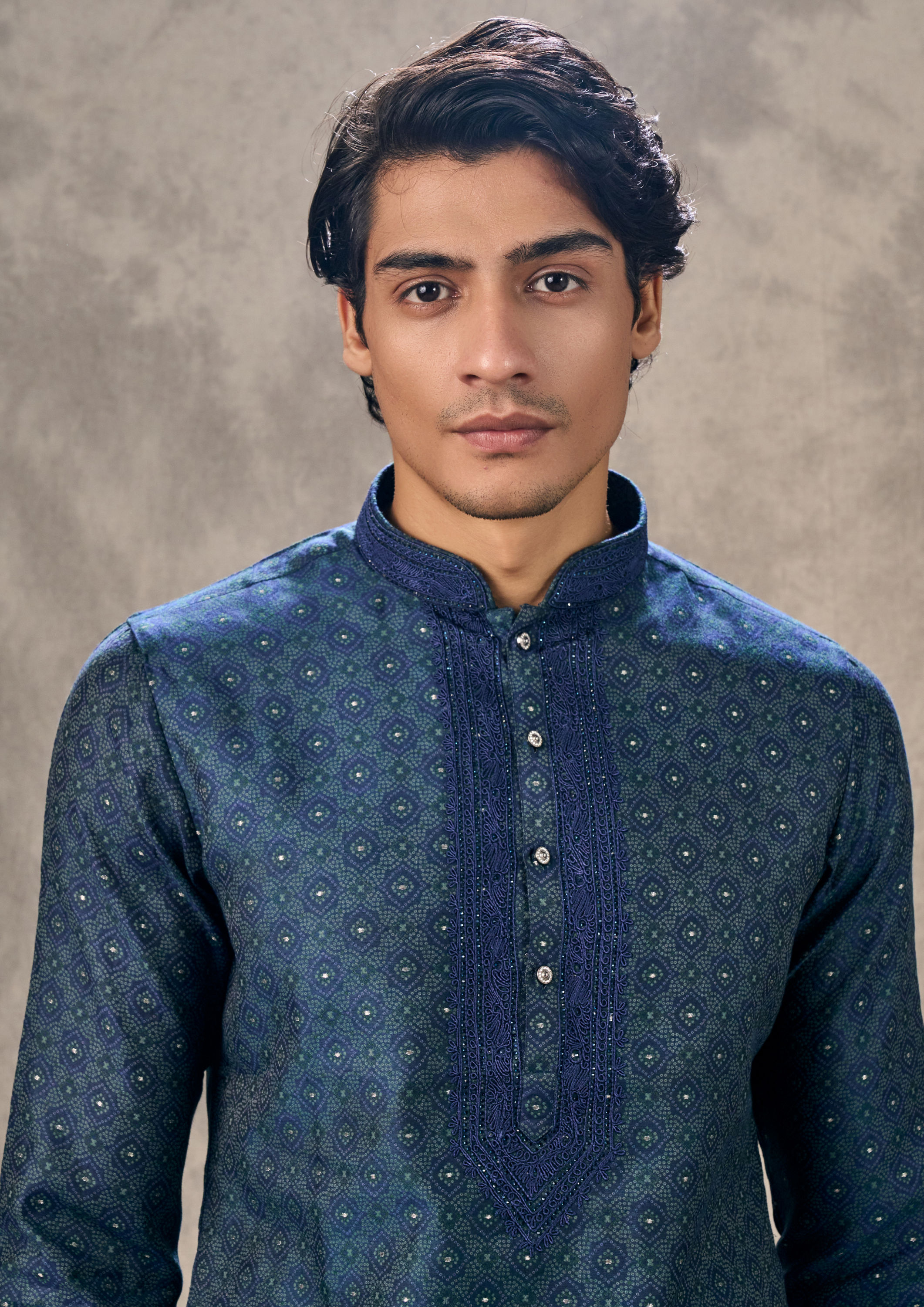 Twamev Men Dark Blue Royal Brocade Kurta Churidar