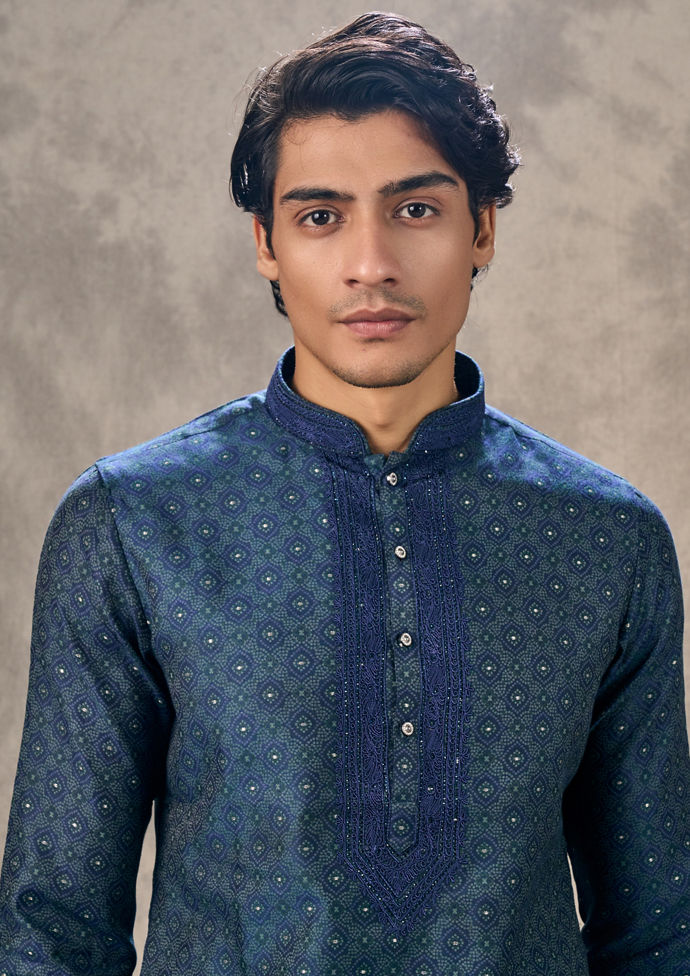 Twamev Men Dark Blue Royal Brocade Kurta Churidar