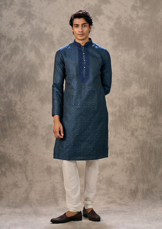 Twamev Men Dark Blue Royal Brocade Kurta Churidar
