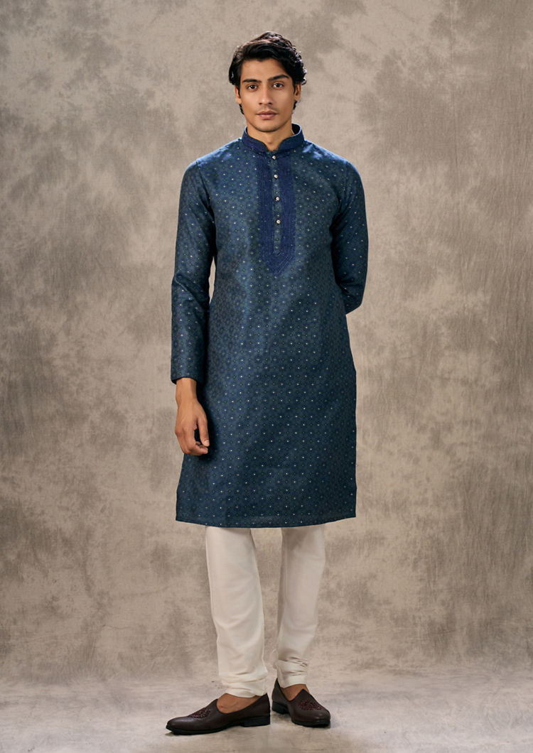 Twamev Men Dark Blue Royal Brocade Kurta Churidar