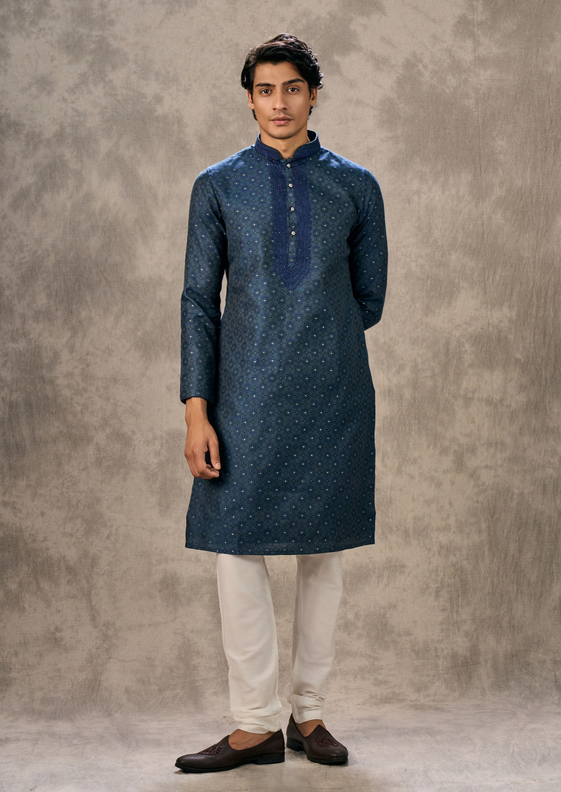 Twamev Men Dark Blue Royal Brocade Kurta Churidar