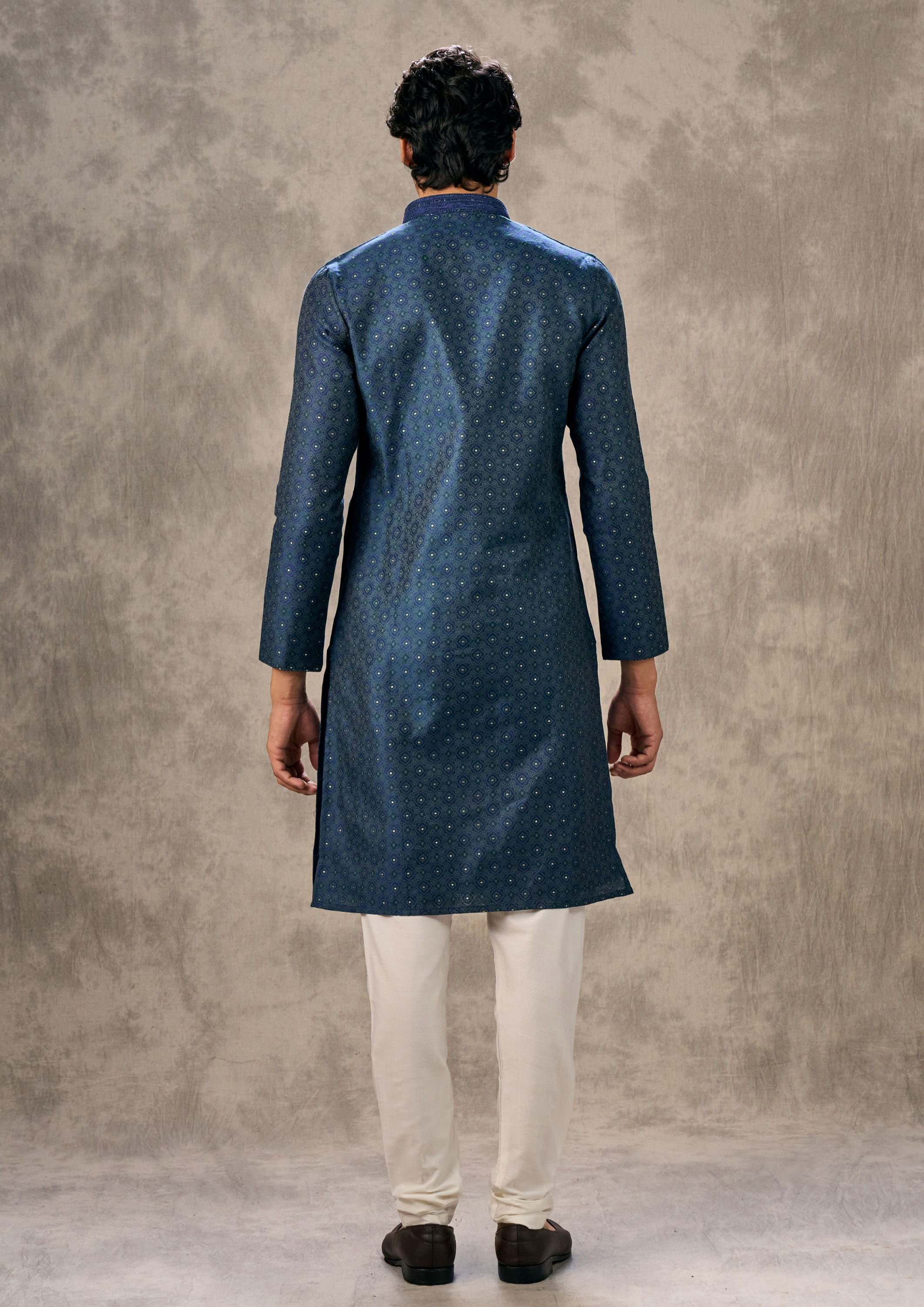 Twamev Men Dark Blue Royal Brocade Kurta Churidar