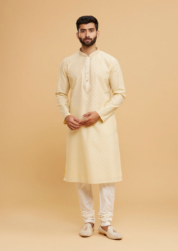 Twamev Men Brocade Majesty Beige Kurta Pajama