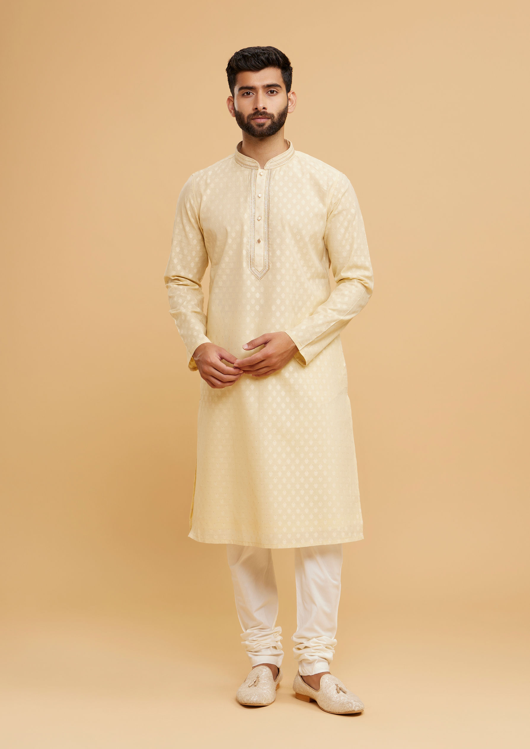 Twamev Men Brocade Majesty Beige Kurta Pajama