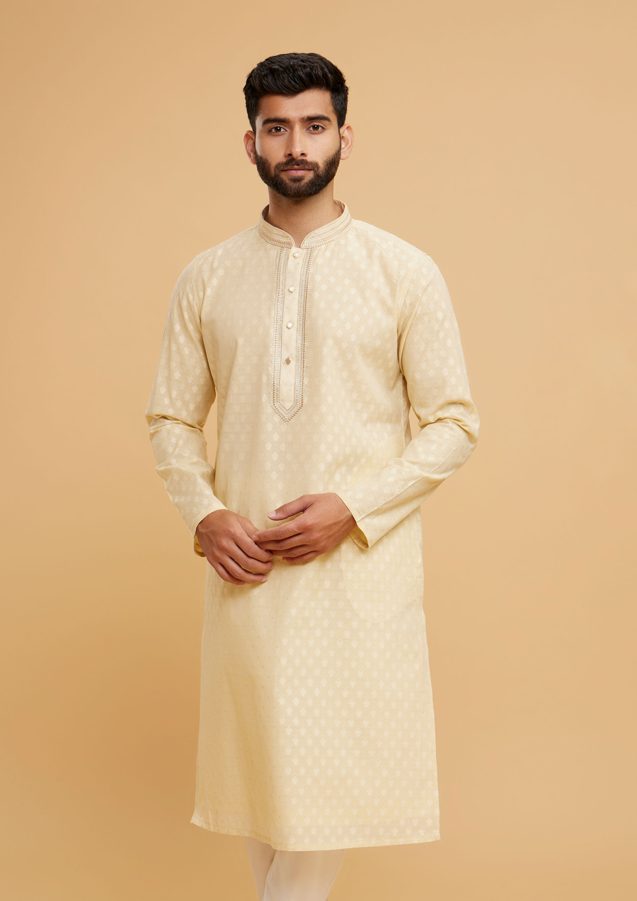 Twamev Men Brocade Majesty Beige Kurta Pajama
