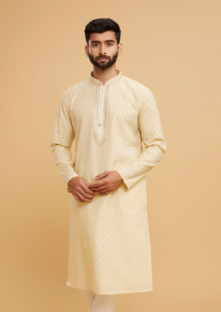Twamev Men Brocade Majesty Beige Kurta Pajama