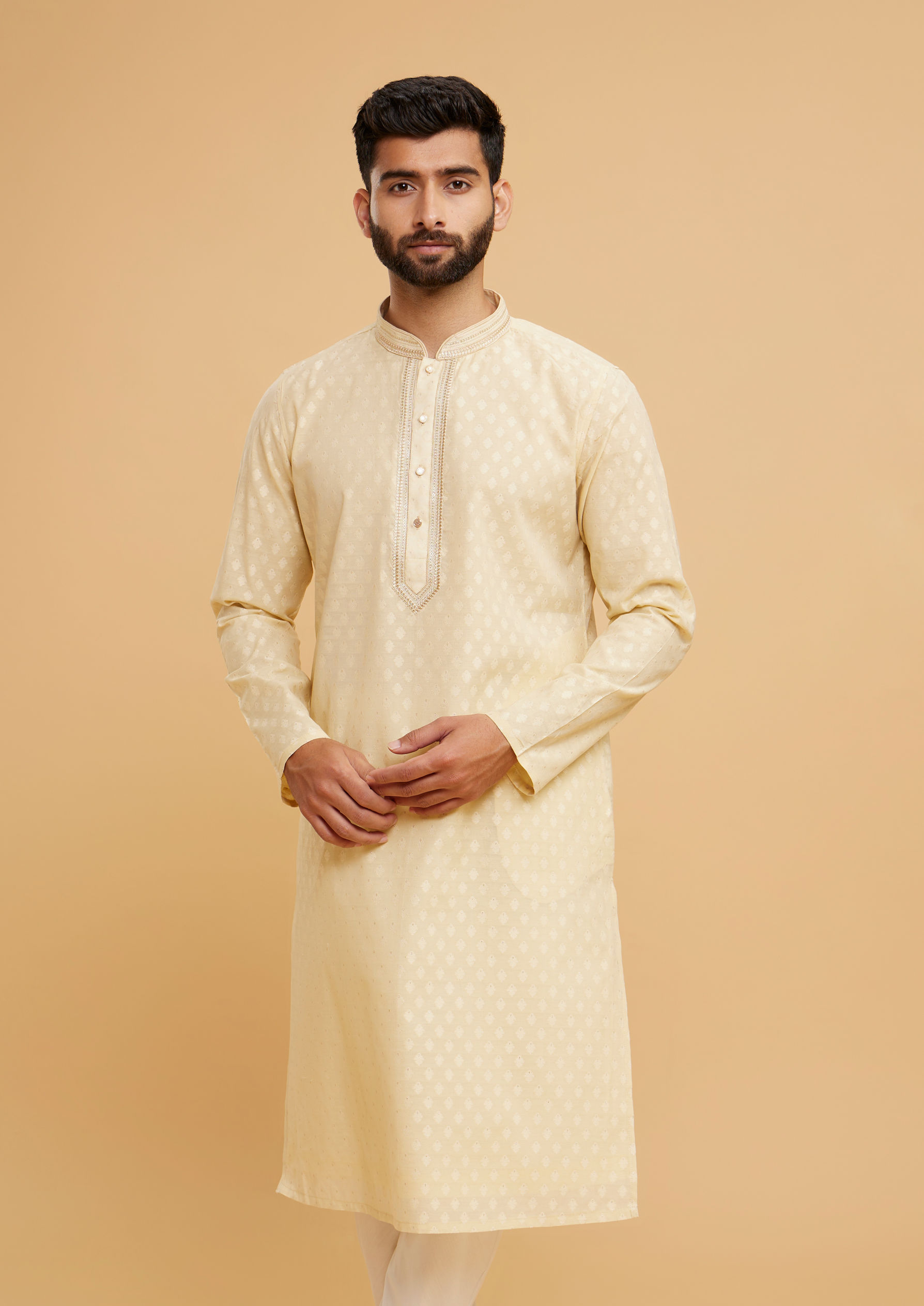Twamev Men Brocade Majesty Beige Kurta Pajama
