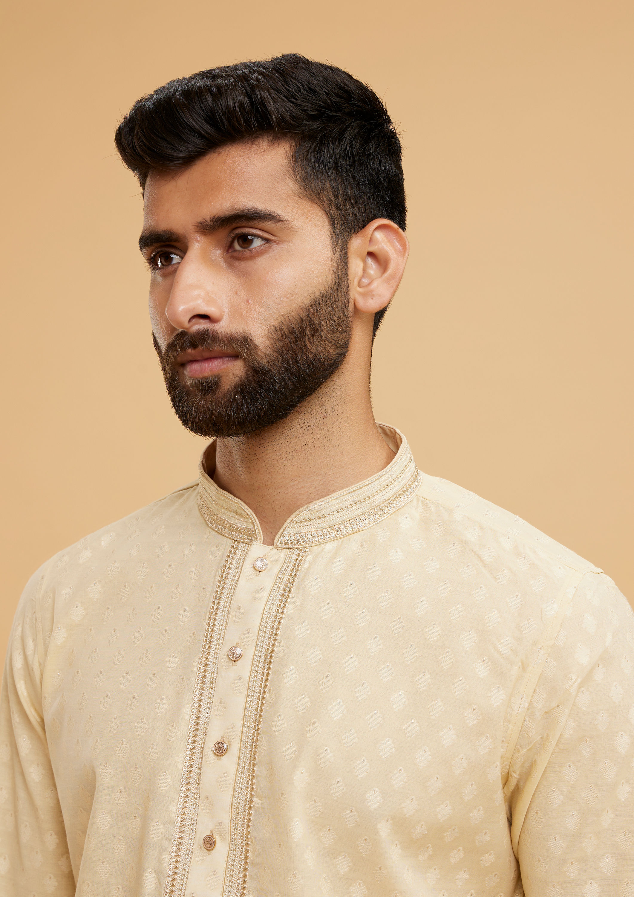 Twamev Men Brocade Majesty Beige Kurta Pajama