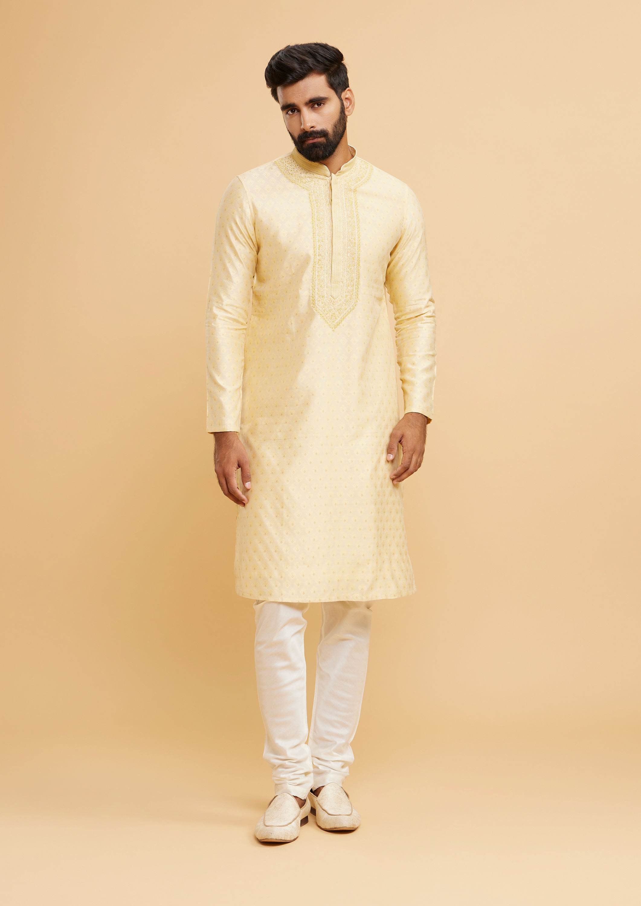 Twamev Men Regal Beige Brocade Kurta Pajama