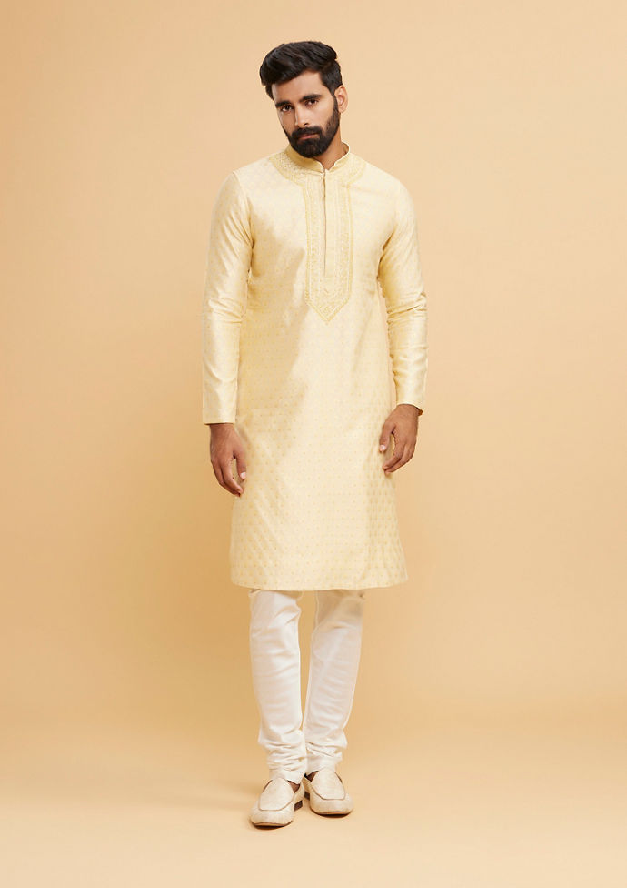 Twamev Men Regal Beige Brocade Kurta Pajama