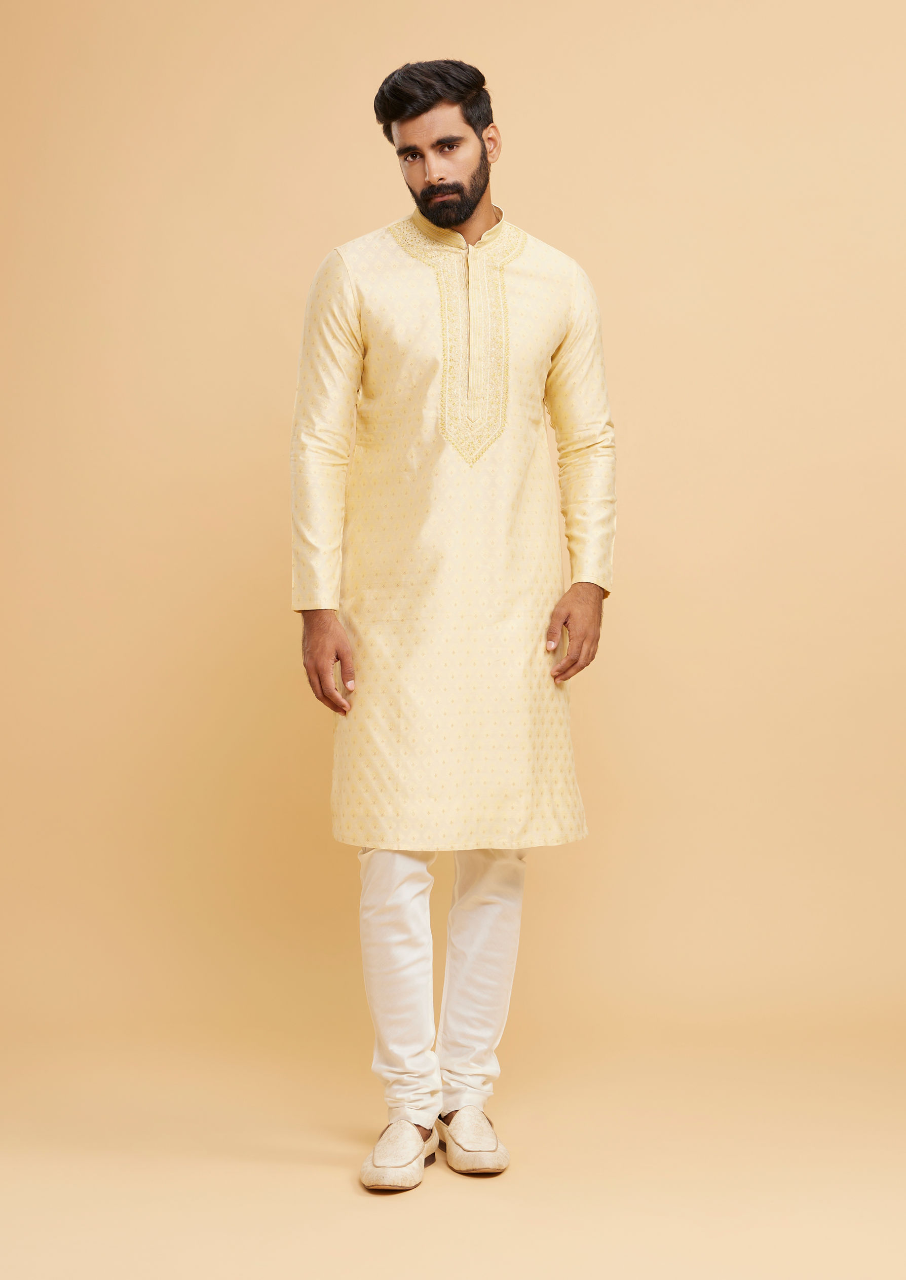Twamev Men Regal Beige Brocade Kurta Pajama