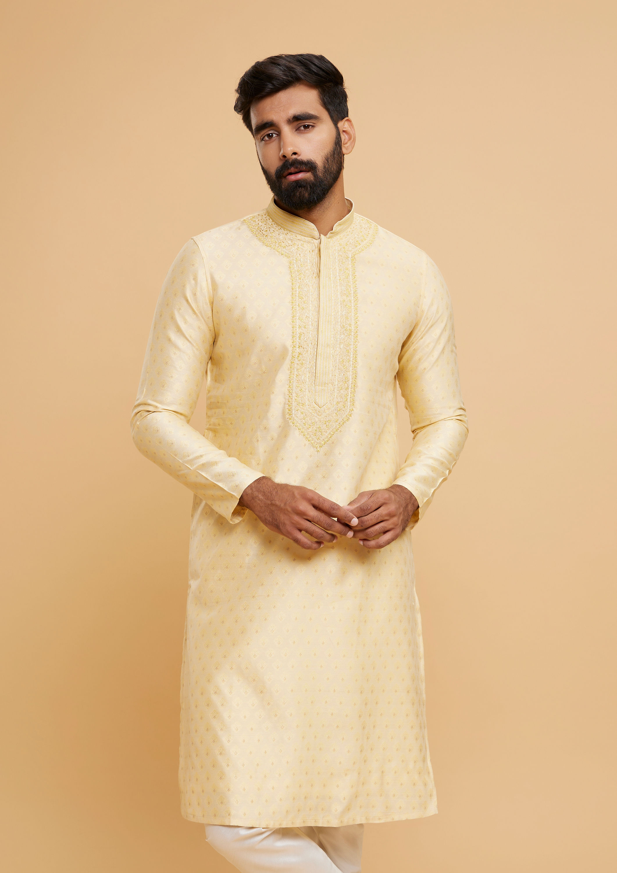 Twamev Men Regal Beige Brocade Kurta Pajama