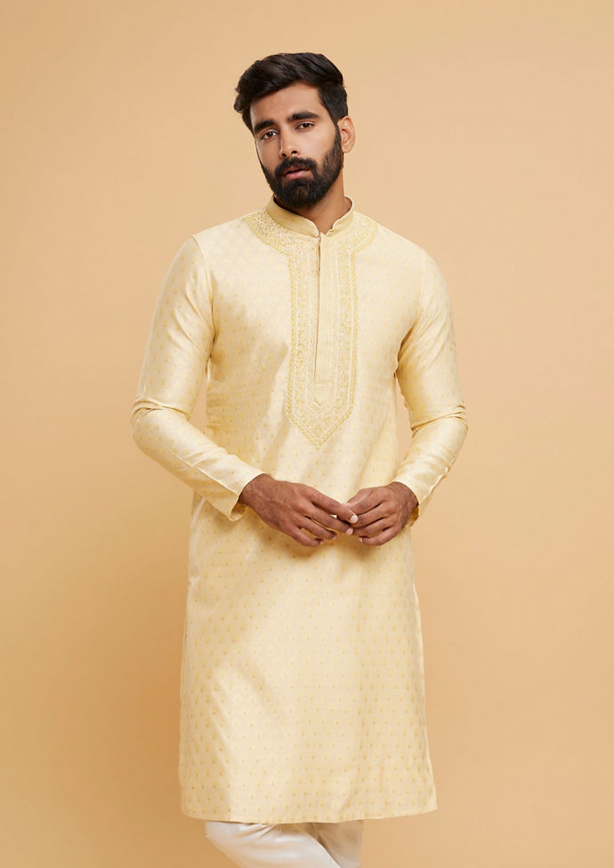 Twamev Men Regal Beige Brocade Kurta Pajama