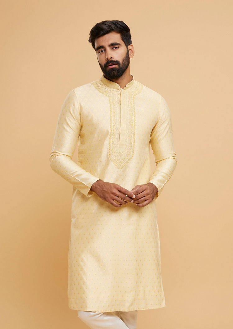Twamev Men Regal Beige Brocade Kurta Pajama