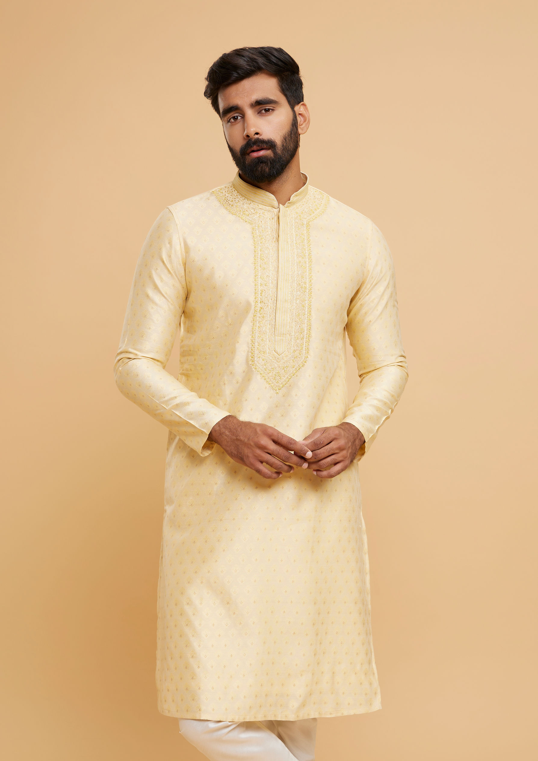 Twamev Men Regal Beige Brocade Kurta Pajama
