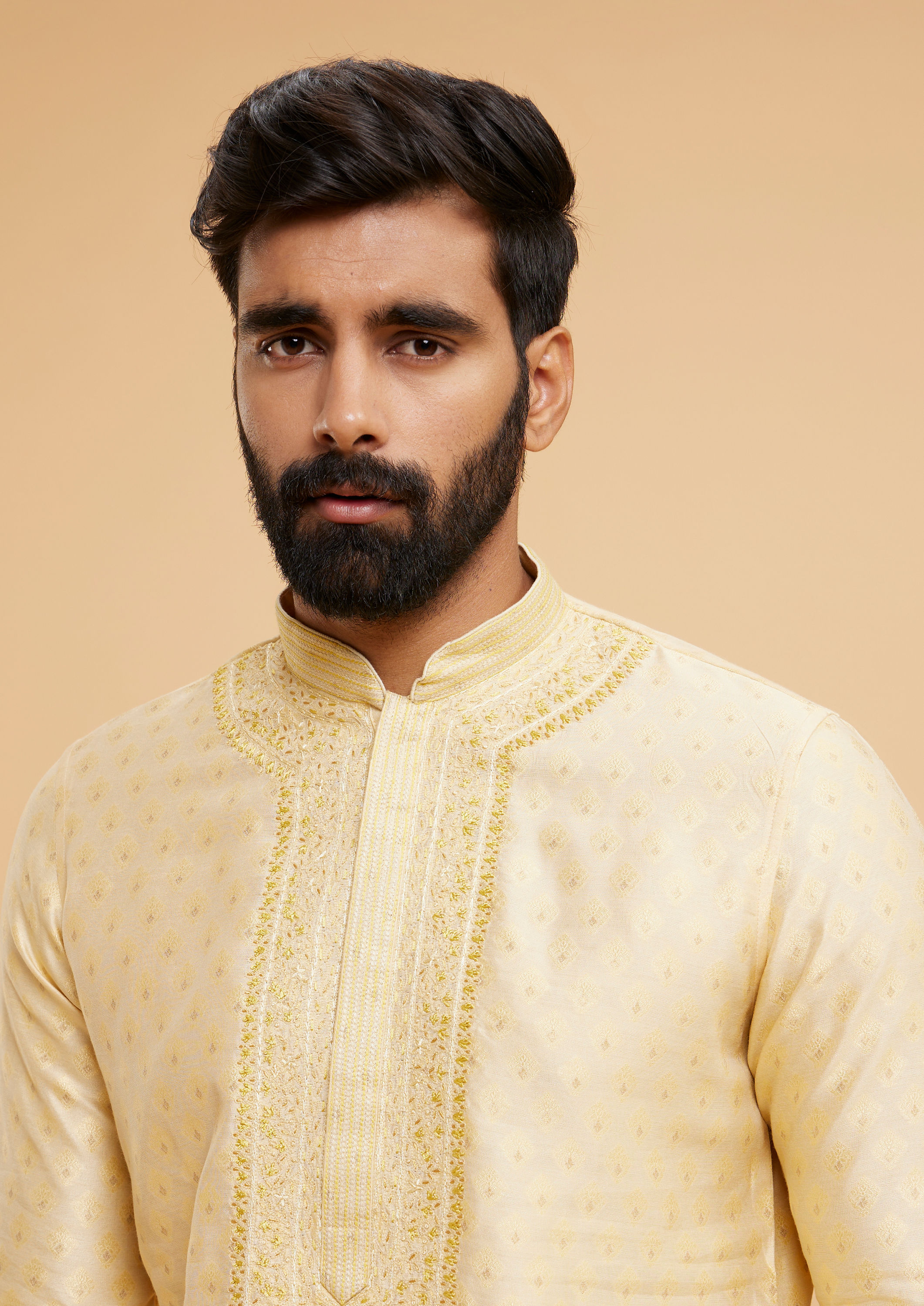 Twamev Men Regal Beige Brocade Kurta Pajama