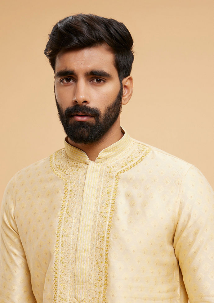 Twamev Men Regal Beige Brocade Kurta Pajama